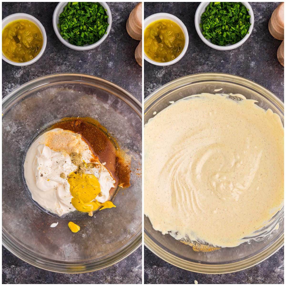 Mixing the mayonnaise, yellow and Dijon mustard, vinegar, paprika, garlic powder, salt, and pepper for the Deviled Egg Potato Salad dressing.
