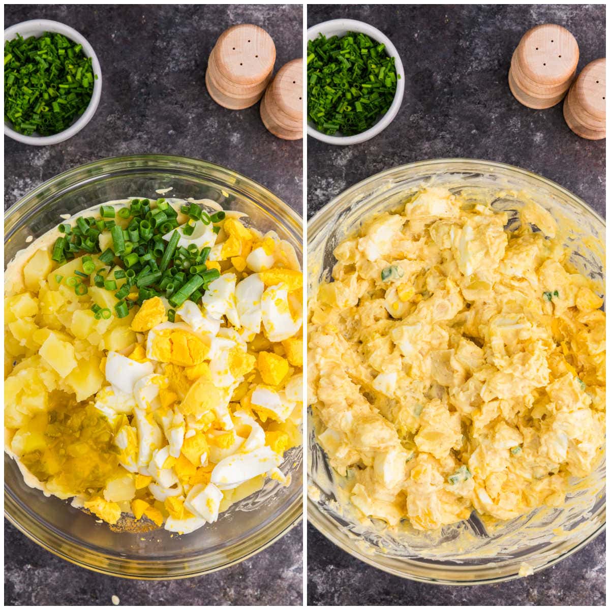Adding warm potatoes, chopped eggs, green onions, and pickle relish to the creamy dressing, then gently folding everything together for Deviled Egg Potato Salad.