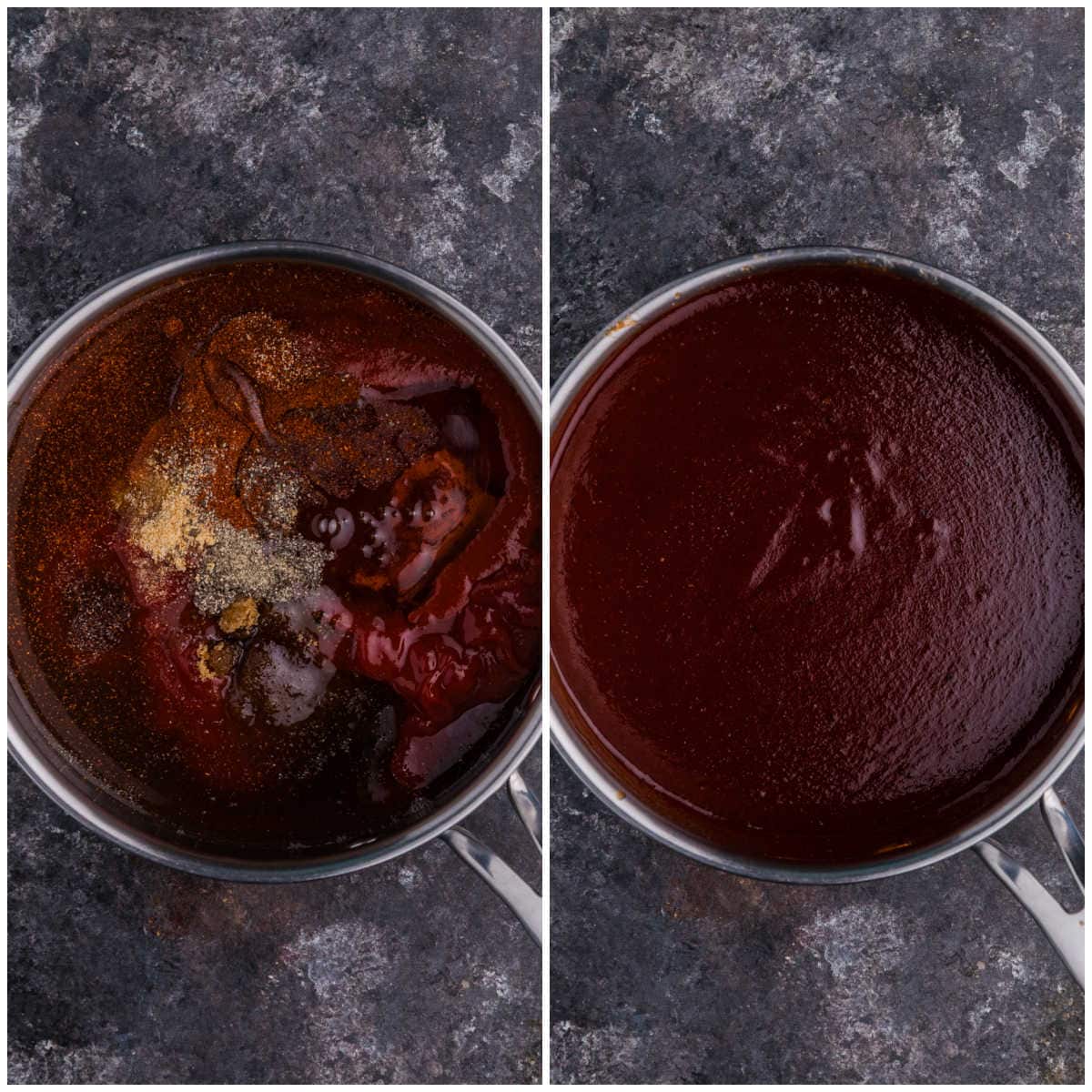 Overhead step-by-step photos showing Honey Sriracha BBQ Sauce ingredients in a saucepan before and after stirring smooth.