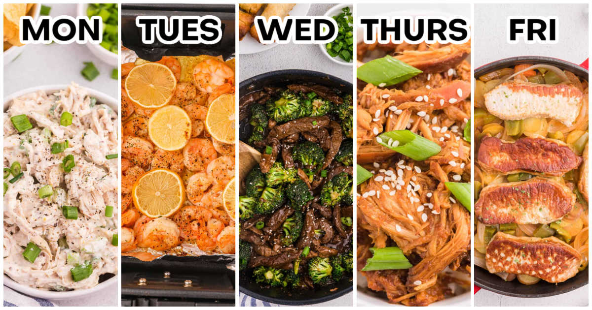 Weekly meal plan graphic showing five dinners labeled Monday through Friday: classic chicken salad, air fryer shrimp, beef and broccoli, slow cooker Asian chicken, and pork chop skillet dinner.