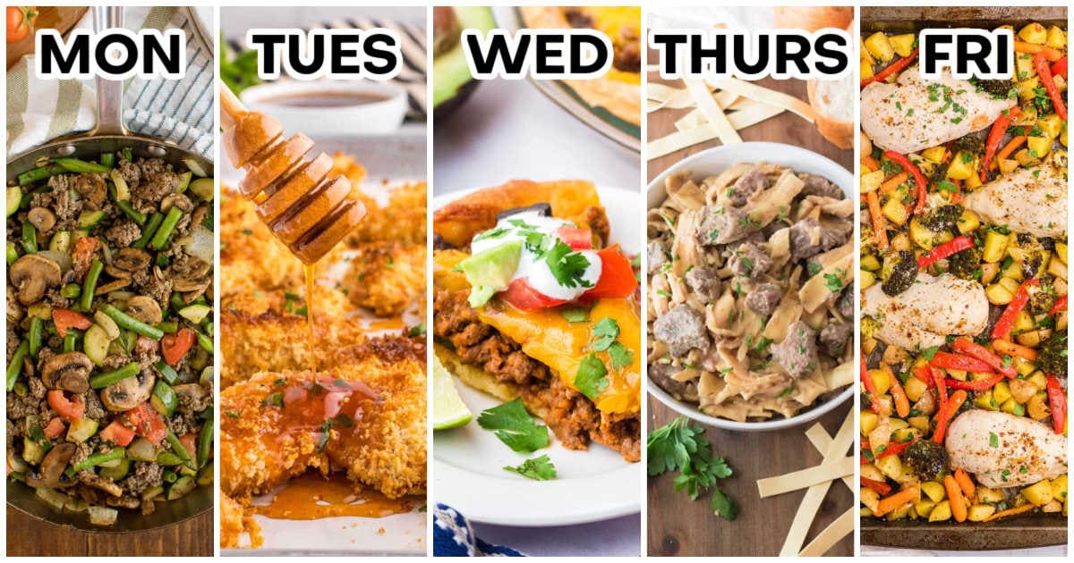 Weekly meal plan graphic showing five dinners labeled Monday through Friday: garden vegetable beef skillet, hot honey chicken tenders, taco pie, slow cooker beef and noodles, and one-pan garlic butter chicken and veggies.
