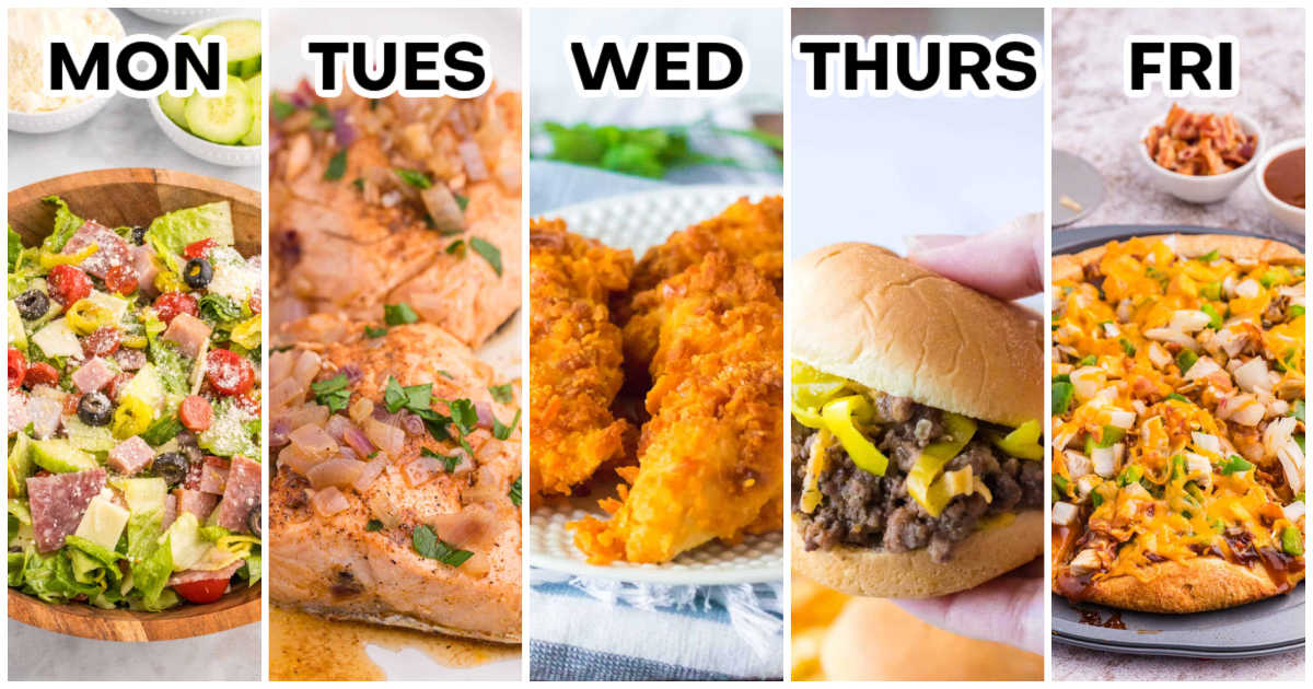Weekly meal plan graphic showing five dinners labeled Monday through Friday: Italian sub salad, drunken salmon, air fryer Cheez-It chicken tenders, Mississippi sloppy joes, and BBQ chicken pizza.