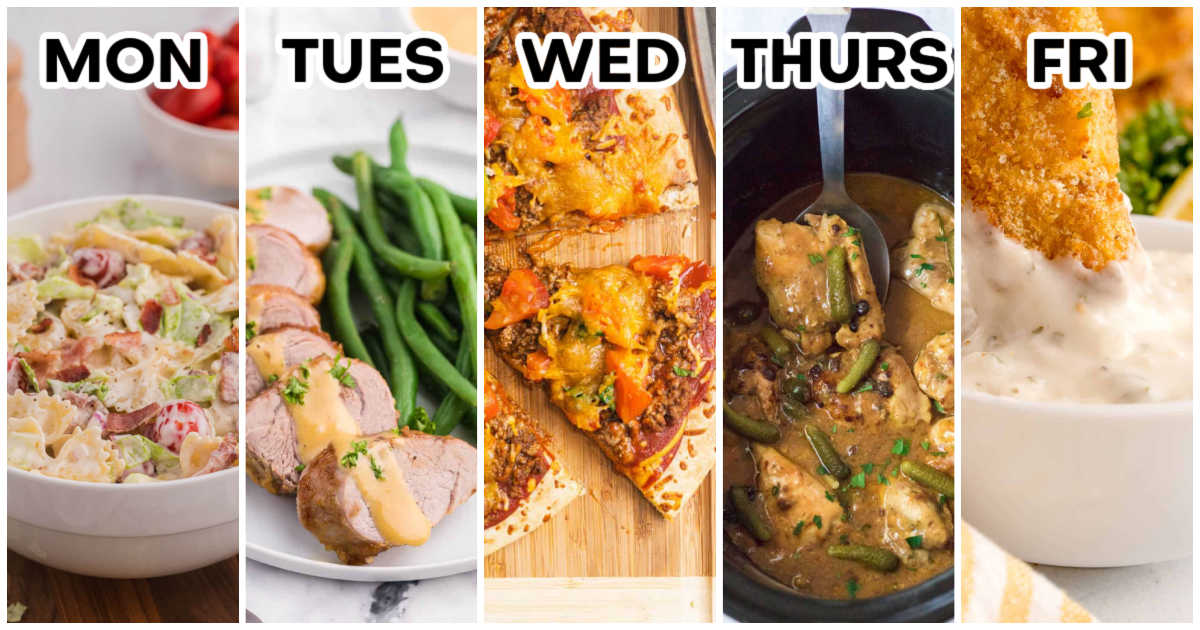 Weekly meal plan graphic showing five dinners labeled Monday through Friday: BLT pasta salad, pork tenderloin, taco pizza, crockpot pickle chicken, and air fryer fish sticks.