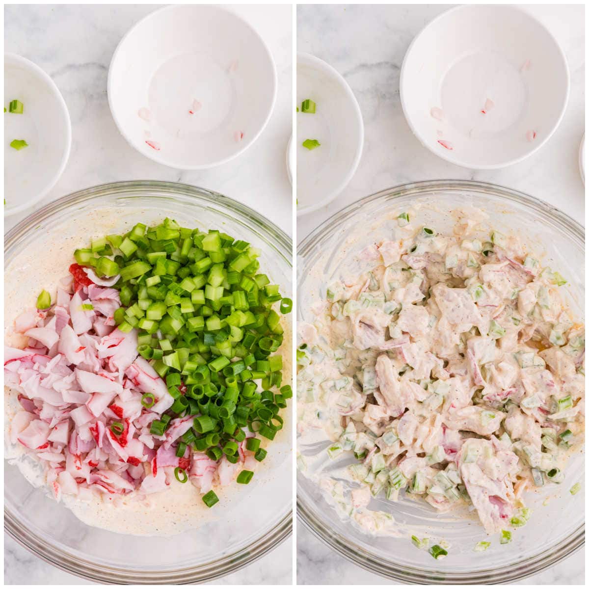 Imitation crab, celery, and green onions added to the creamy dressing, then stirred together until evenly coated.
