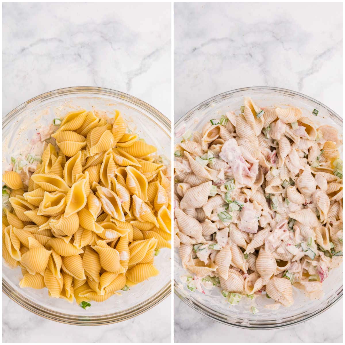 Cooked shell pasta added to the crab mixture, then folded together until evenly coated in the creamy dressing.