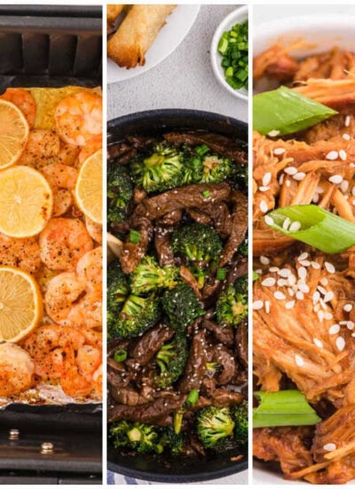 Weekly meal plan image with classic chicken salad, air fryer shrimp, beef and broccoli, slow cooker Asian chicken, and pork chop skillet dinner.