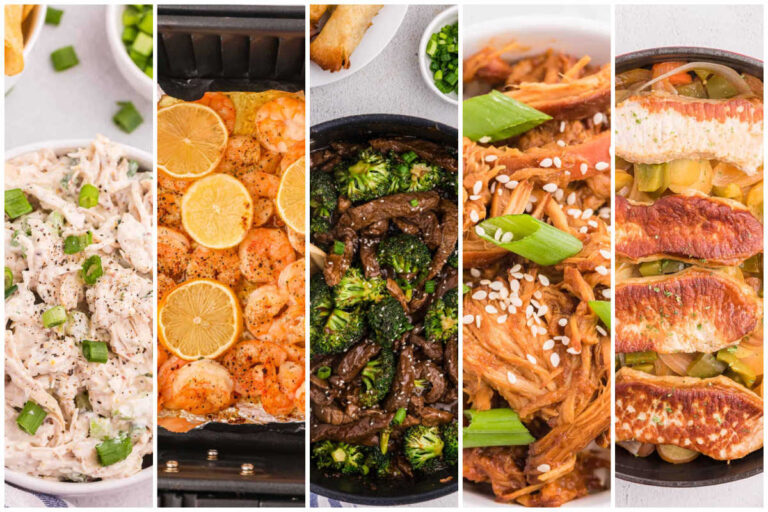 Weekly meal plan image with classic chicken salad, air fryer shrimp, beef and broccoli, slow cooker Asian chicken, and pork chop skillet dinner.