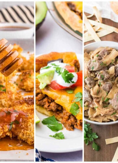 Weekly meal plan image with garden vegetable beef skillet, hot honey chicken tenders, taco pie, slow cooker beef and noodles, and one-pan garlic butter chicken and veggies.