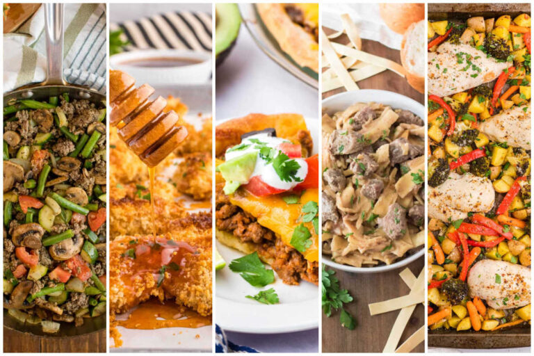 Weekly meal plan image with garden vegetable beef skillet, hot honey chicken tenders, taco pie, slow cooker beef and noodles, and one-pan garlic butter chicken and veggies.