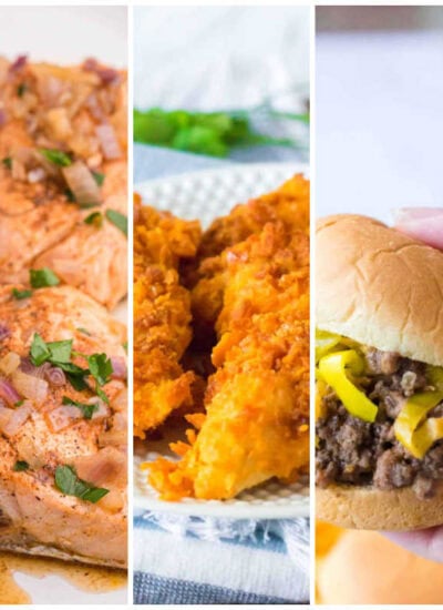 Weekly meal plan image with Italian sub salad, drunken salmon, air fryer Cheez-It chicken tenders, Mississippi sloppy joes, and BBQ chicken pizza.