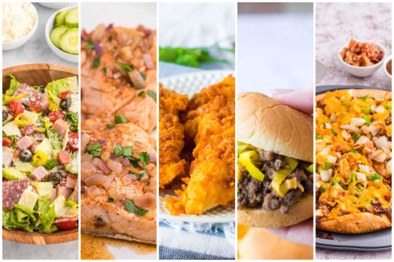 Weekly meal plan image with Italian sub salad, drunken salmon, air fryer Cheez-It chicken tenders, Mississippi sloppy joes, and BBQ chicken pizza.