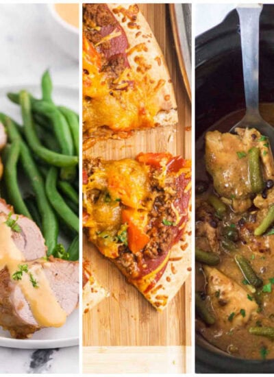 Weekly meal plan image with BLT pasta salad, pork tenderloin, taco pizza, crockpot pickle chicken, and air fryer fish sticks.