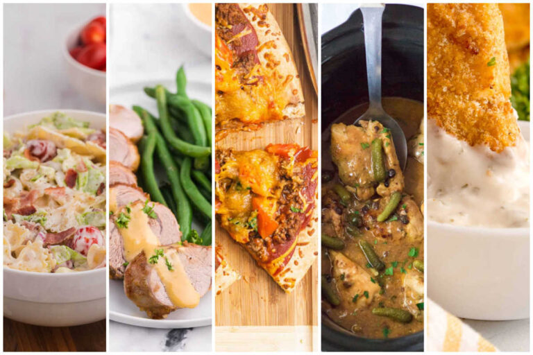 Weekly meal plan image with BLT pasta salad, pork tenderloin, taco pizza, crockpot pickle chicken, and air fryer fish sticks.