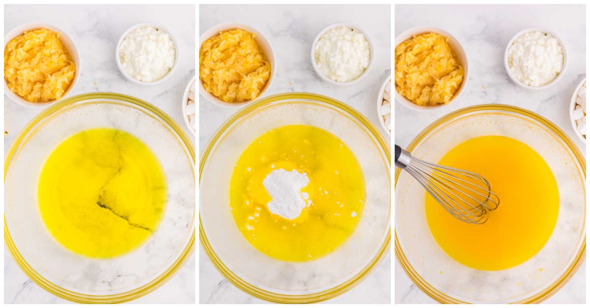 Step-by-step collage showing lemon gelatin dissolved in water, instant lemon pudding added, and the mixture whisked until smooth.