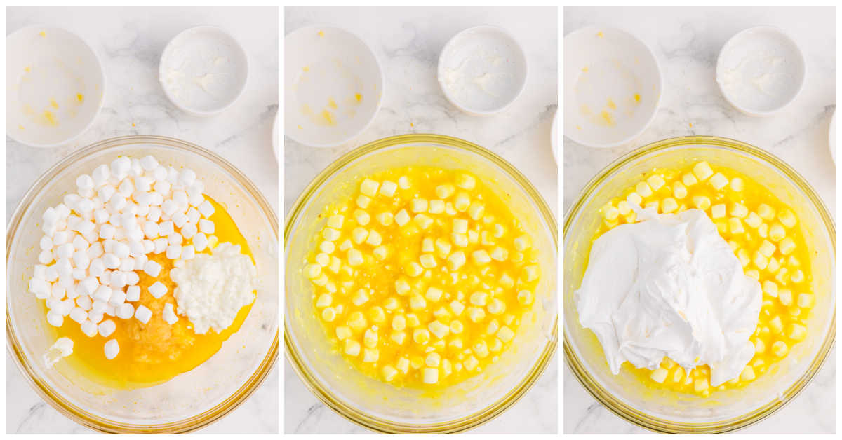 Step-by-step collage showing marshmallows, pineapple, and cottage cheese added to the lemon mixture, stirred together, then topped with whipped topping.