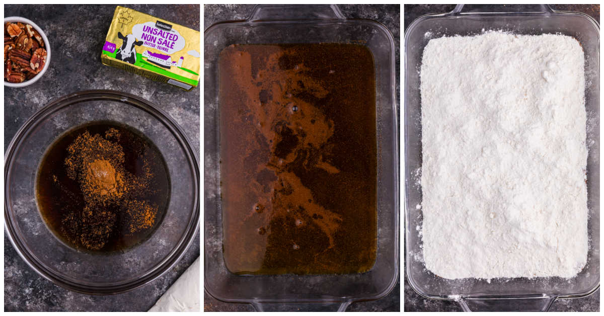 Three-step preparation of Maple Syrup Dump Cake showing the maple syrup mixture, the mixture poured into a baking dish, and dry yellow cake mix sprinkled over top.