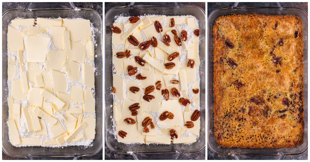 Three-step preparation of Maple Syrup Dump Cake showing thin butter slices covering the cake mix, pecans added on top, and the finished cake baked until golden brown.