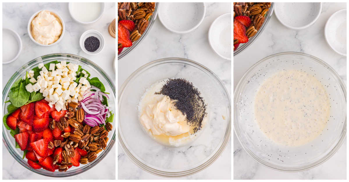 Three-step collage showing Strawberry Spinach Salad prep with salad ingredients in a bowl, creamy poppyseed dressing ingredients, and the finished dressing whisked smooth.