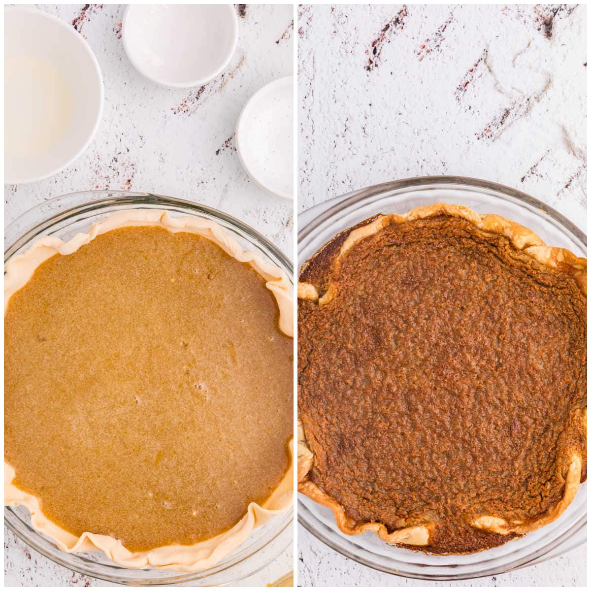 Maple Syrup Pie filling poured into the unbaked pie crust, followed by the finished pie baked until golden brown and set.