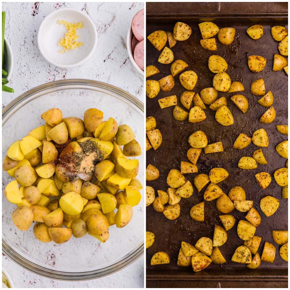 Baby potatoes tossed with olive oil and seasonings, then spread in a single layer on a sheet pan before roasting.