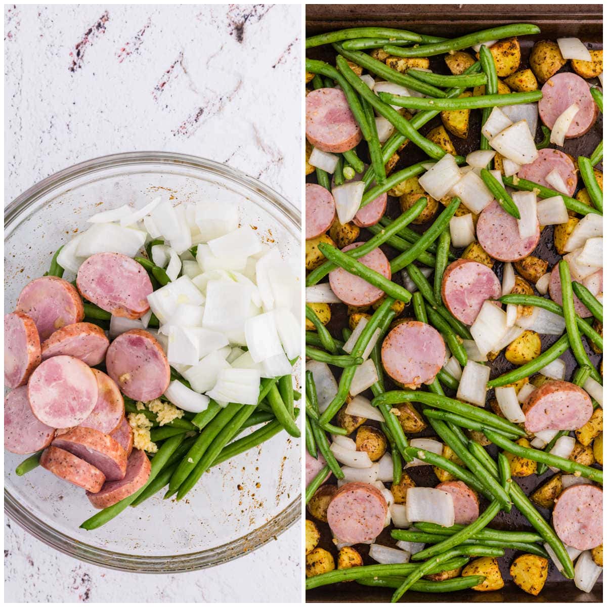 Kielbasa, green beans, onion, and garlic tossed together, then added to the partially roasted potatoes on the sheet pan.