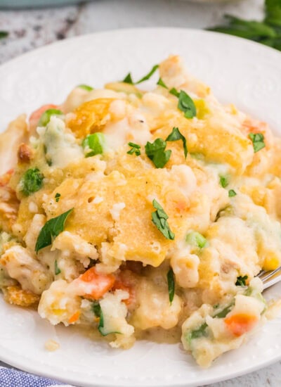 TikTok Chicken Cobbler served on a white plate with creamy chicken, mixed vegetables, golden Cheddar Bay biscuit topping, and fresh parsley.
