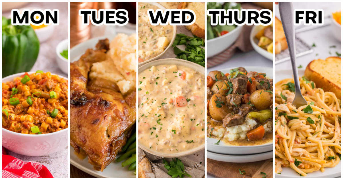 Weekly meal plan graphic showing five dinners labeled Monday through Friday: one-pot unstuffed pepper pasta, Hurry Chicken, cheeseburger chowder, Mississippi beef stew, and creamy chicken spaghetti.
