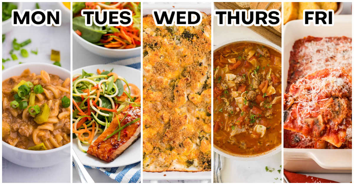 Weekly meal plan graphic showing five dinners labeled Monday through Friday: cheeseburger pasta skillet, honey garlic salmon, chicken broccoli biscuit bake, sausage and cabbage soup, and pierogi casserole.