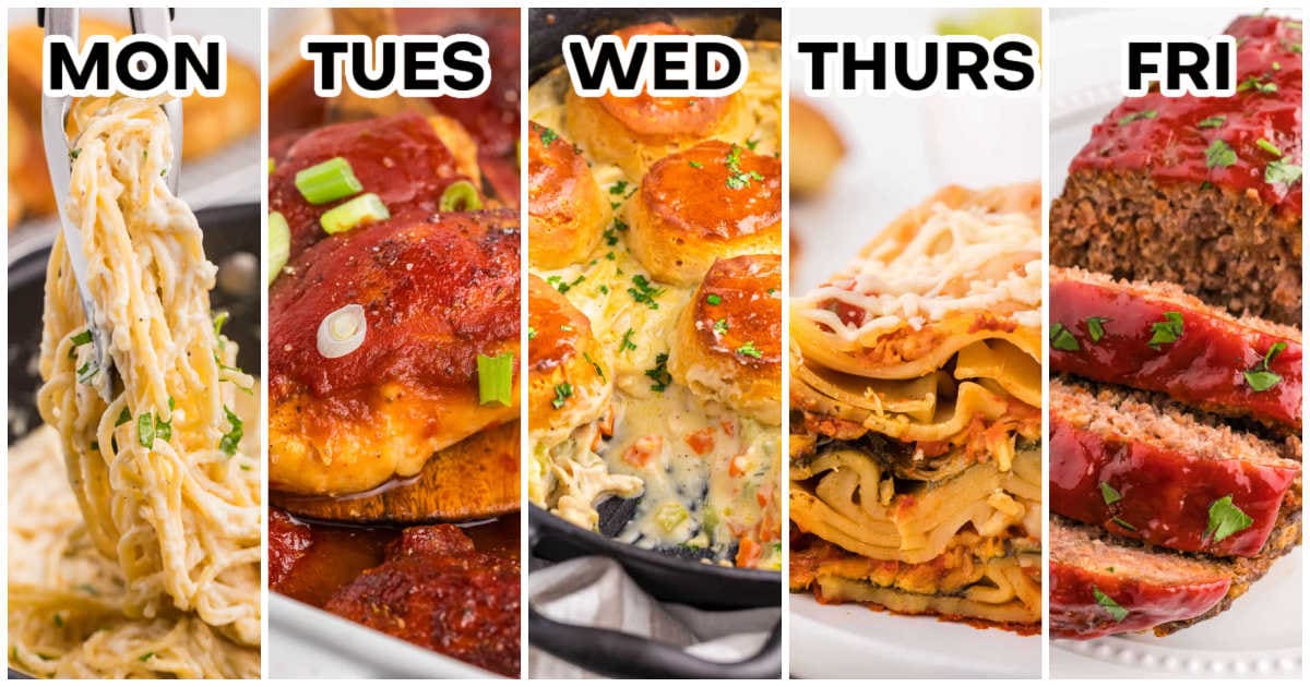 Weekly meal plan graphic showing five dinners labeled Monday through Friday: garlic Parmesan pasta, sweet and sour chicken thighs, cast iron skillet chicken pot pie, slow cooker lasagna, and classic meatloaf.