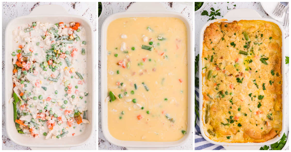 Step-by-step photos showing the biscuit mixture poured over the chicken and vegetables, the creamy soup and broth mixture added on top, and the baked TikTok Chicken Cobbler golden and bubbling from the oven.