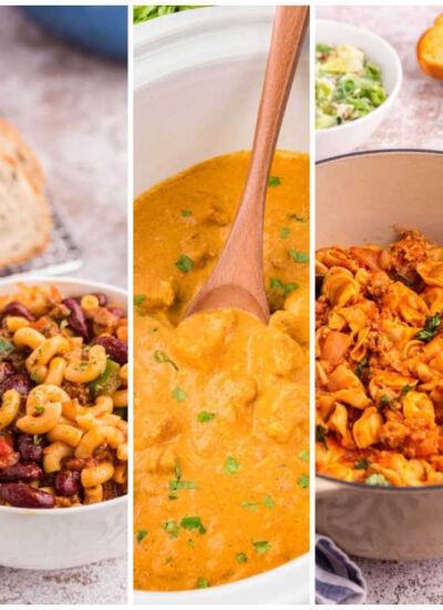 Weekly meal plan image with honey garlic chicken, chili macaroni, slow cooker butter chicken, sausage and cheese cappelletti, and Big Mac tater tot casserole.