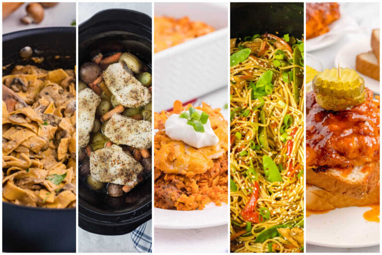 Weekly meal plan image with skillet mushroom stroganoff, crockpot Italian pork chops, Doritos casserole, slow cooker chicken lo mein, and Nashville hot chicken.