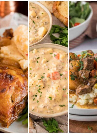 Weekly meal plan image with one-pot unstuffed pepper pasta, Hurry Chicken, cheeseburger chowder, Mississippi beef stew, and creamy chicken spaghetti.
