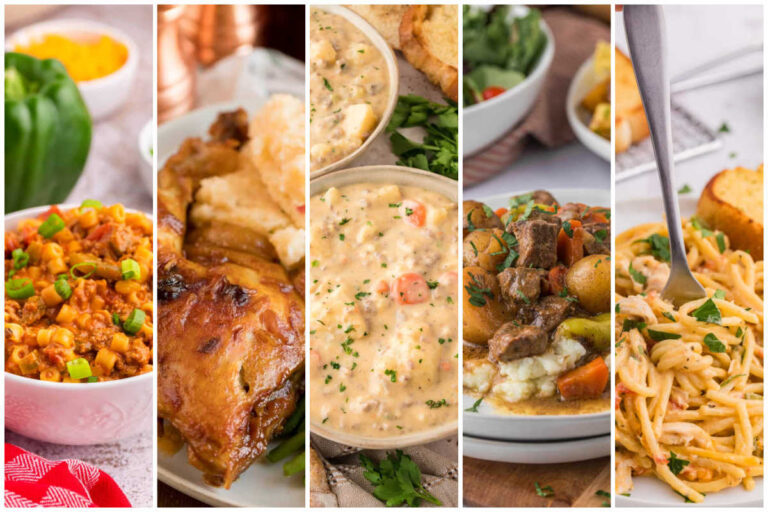Weekly meal plan image with one-pot unstuffed pepper pasta, Hurry Chicken, cheeseburger chowder, Mississippi beef stew, and creamy chicken spaghetti.