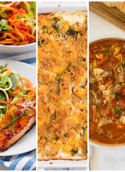 Weekly meal plan image with cheeseburger pasta skillet, honey garlic salmon, chicken broccoli biscuit bake, sausage and cabbage soup, and pierogi casserole.