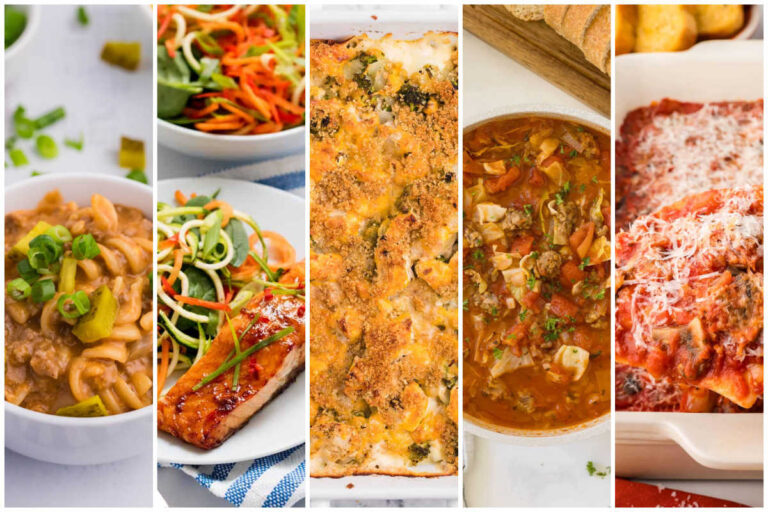 Weekly meal plan image with cheeseburger pasta skillet, honey garlic salmon, chicken broccoli biscuit bake, sausage and cabbage soup, and pierogi casserole.