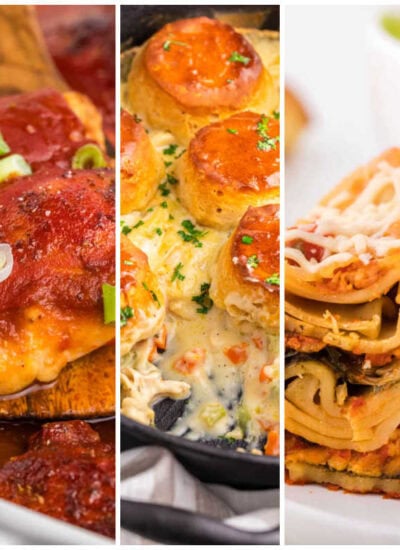 Weekly meal plan image with garlic Parmesan pasta, sweet and sour chicken thighs, cast iron skillet chicken pot pie, slow cooker lasagna, and classic meatloaf.