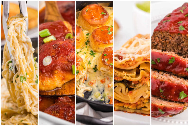Weekly meal plan image with garlic Parmesan pasta, sweet and sour chicken thighs, cast iron skillet chicken pot pie, slow cooker lasagna, and classic meatloaf.