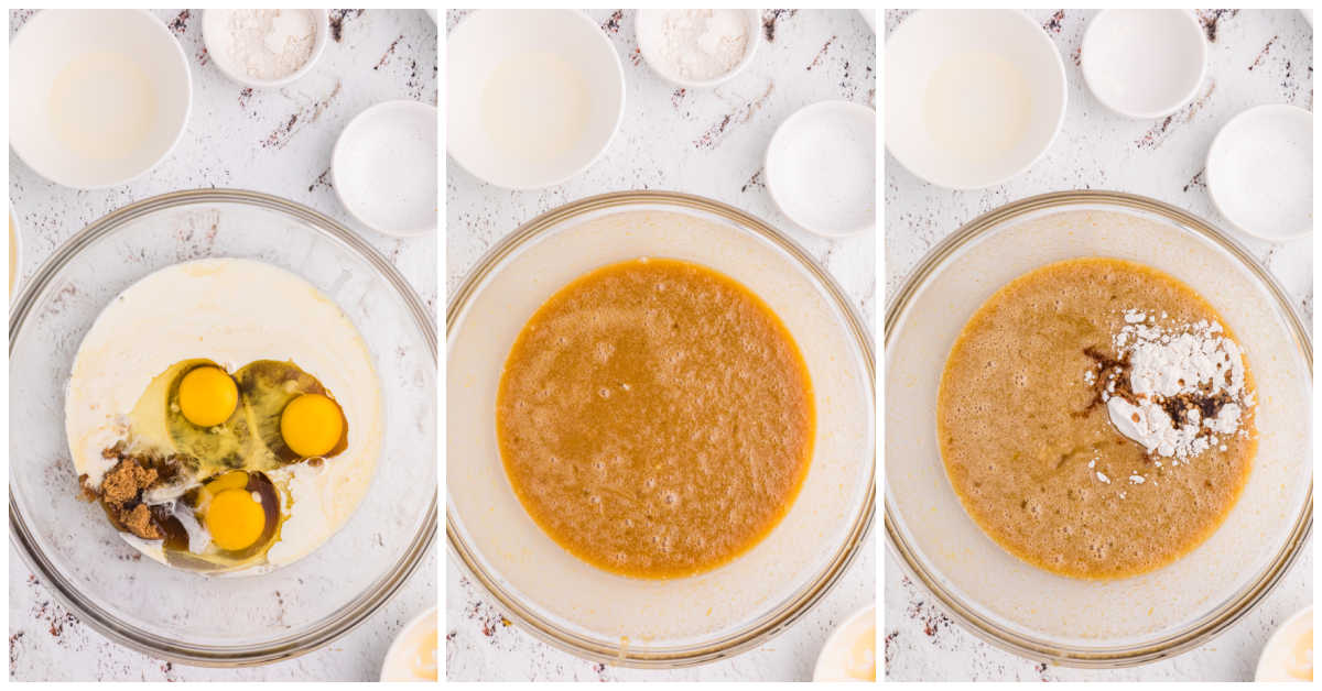 Step-by-step photos showing the Maple Syrup Pie filling ingredients being whisked together, followed by the addition of flour, vanilla, and salt.