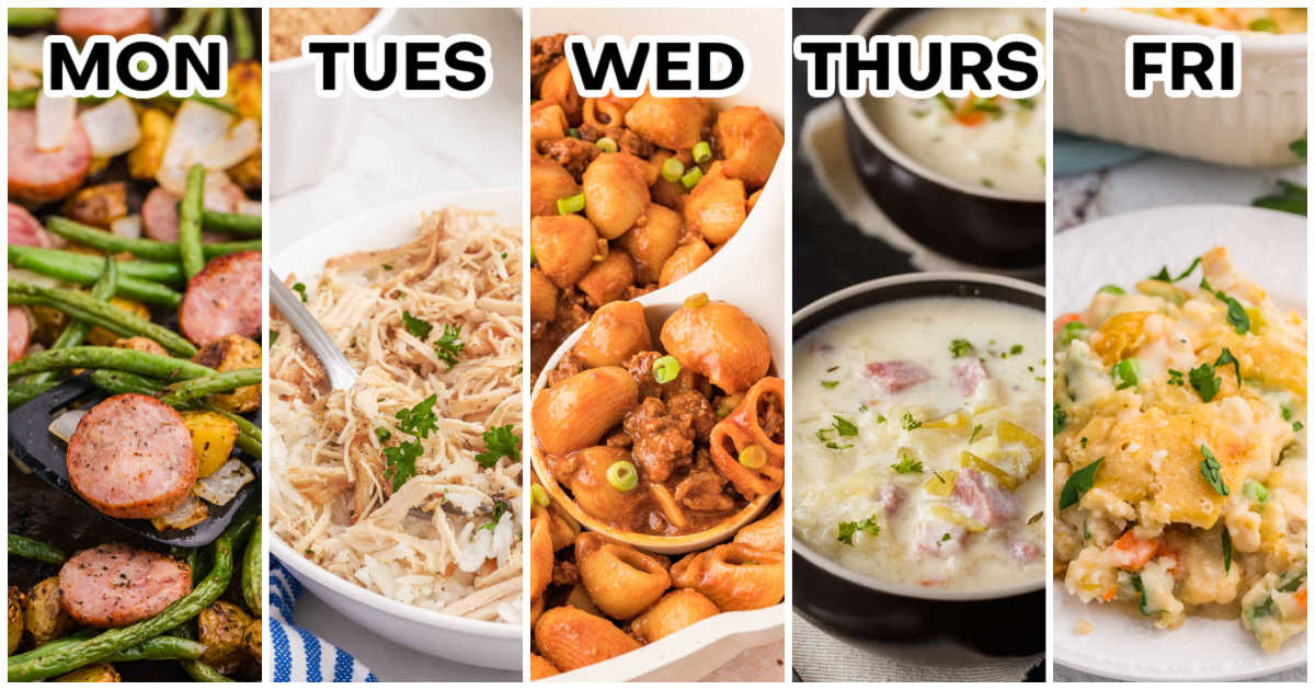 Weekly meal plan graphic showing five dinners labeled Monday through Friday: sheet pan sausage with potatoes and green beans, brown sugar chicken, Grandma&rsquo;s Goulash, creamy cabbage soup, and TikTok chicken cobbler.