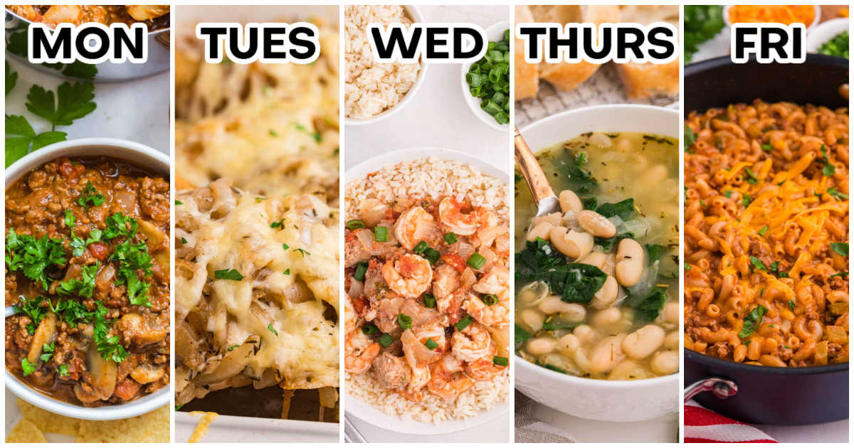Weekly meal plan graphic showing five dinners labeled Monday through Friday: pumpkin chili, French onion chicken bake, sausage jambalaya, Tuscan white bean soup, and sloppy joe mac and cheese.