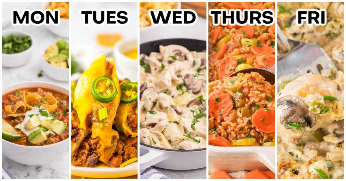 Weekly meal plan graphic showing five dinners labeled Monday through Friday: Slow Cooker Southwest Chicken & Rice Soup, Chili Cheese Stuffed Shells, Creamy Garlic Chicken with Noodles, Shipwreck Casserole, and Smothered Chicken.