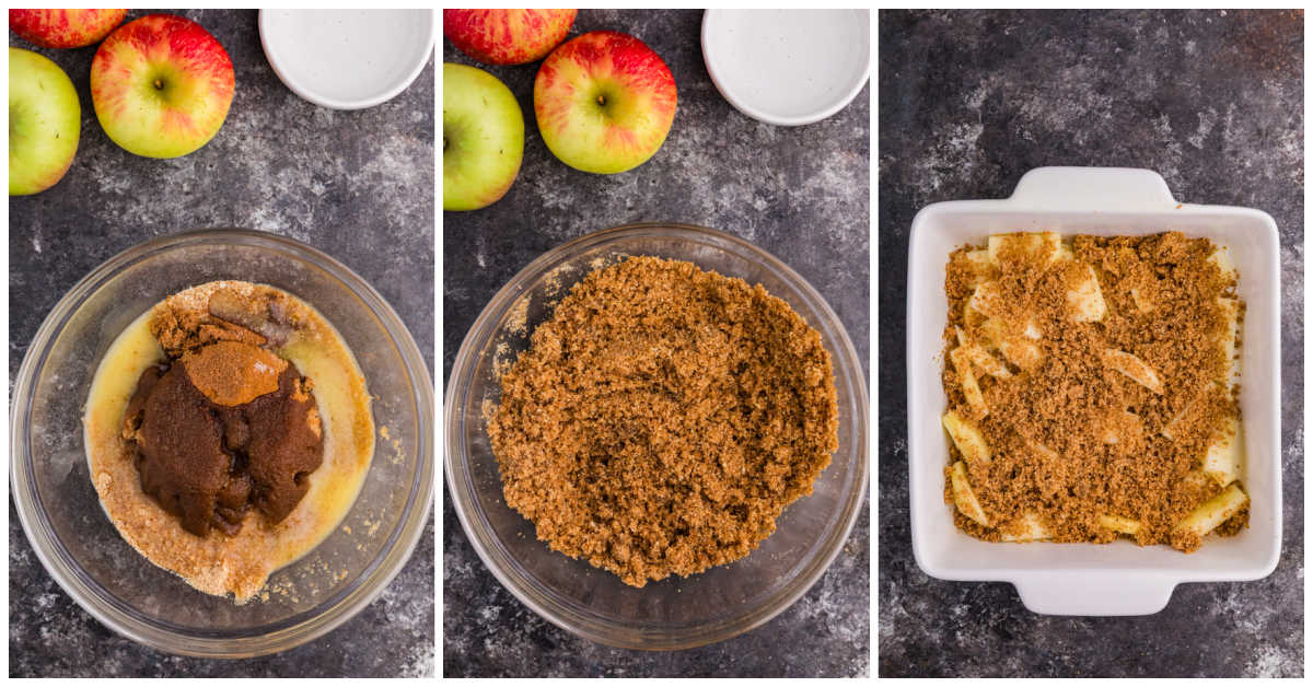 Three step photos for apple brown betty: breadcrumbs, melted butter, brown sugar, and spices in a glass bowl, the mixed crumbs, and sliced apples in a white baking dish with the first layer of crumbs on top.