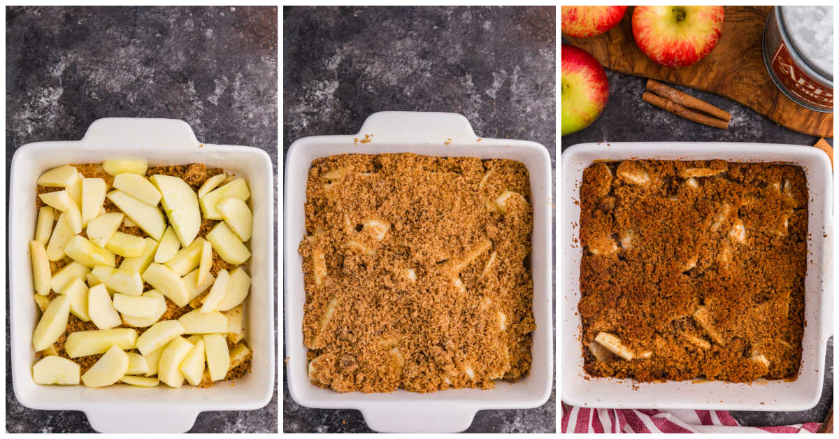 Three step photos for apple brown betty: sliced apples layered over breadcrumbs in a white baking dish, the second layer of crumbs on top, and the finished betty baked and browned.
