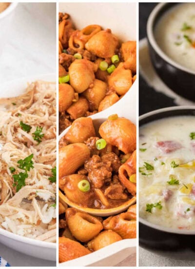 Weekly meal plan image with sheet pan sausage and vegetables, brown sugar chicken, Grandma’s Goulash, creamy cabbage soup, and TikTok chicken cobbler.