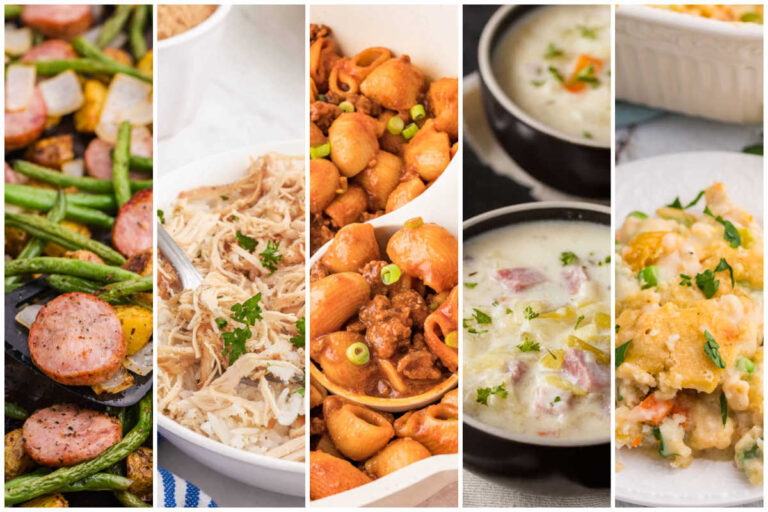 Weekly meal plan image with sheet pan sausage and vegetables, brown sugar chicken, Grandma’s Goulash, creamy cabbage soup, and TikTok chicken cobbler.