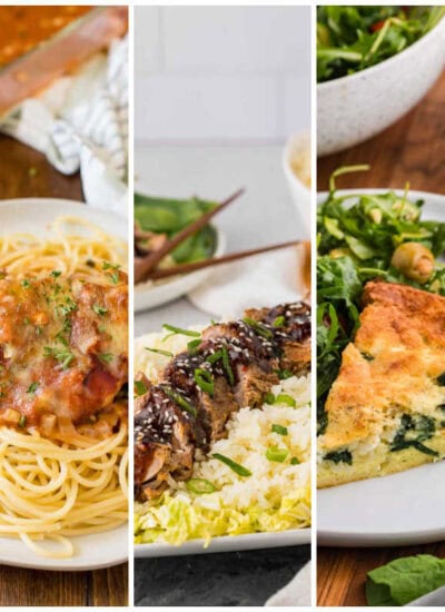 Weekly meal plan image with hamburger soup, baked chicken Parmesan, slow cooker Asian pork tenderloin, spinach and feta Impossible Pie, and bean casserole.