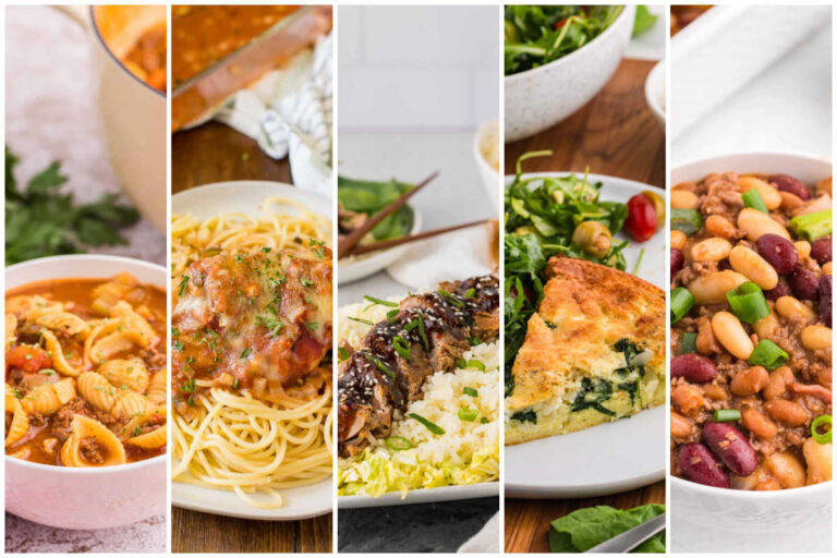 Weekly meal plan image with hamburger soup, baked chicken Parmesan, slow cooker Asian pork tenderloin, spinach and feta Impossible Pie, and bean casserole.
