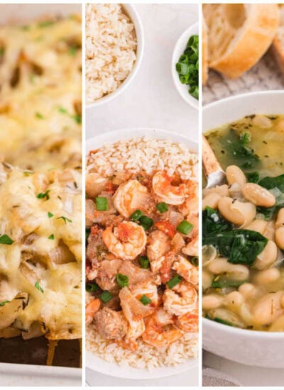 Weekly meal plan image with pumpkin chili, French onion chicken bake, sausage jambalaya, Tuscan white bean soup, and sloppy joe mac and cheese.