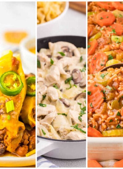 Weekly meal plan image with Slow Cooker Southwest Chicken & Rice Soup, Chili Cheese Stuffed Shells, Creamy Garlic Chicken with Noodles, Shipwreck Casserole, and Smothered Chicken.